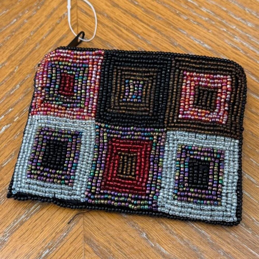NWOT Vintage Fossil Beaded Geometric Pattern Multicolored Squares Coin Purse - Picture 2 of 8